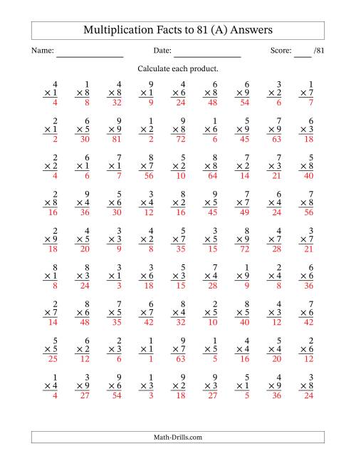 The Multiplication Facts to 81 (81 Questions) (No Zeros) (A) Math Worksheet Page 2