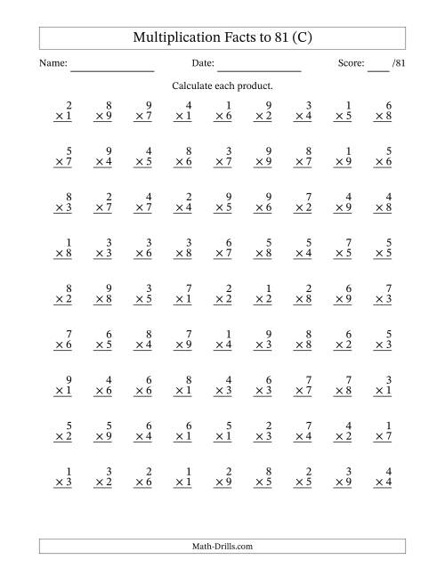 The Multiplication Facts to 81 (81 Questions) (No Zeros) (C) Math Worksheet