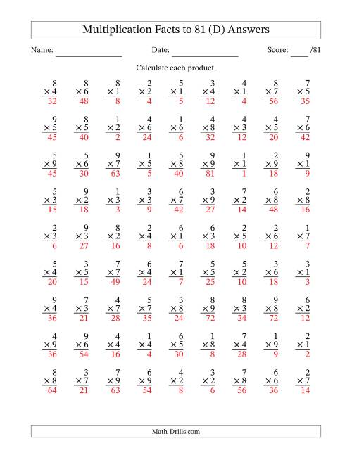 The Multiplication Facts to 81 (81 Questions) (No Zeros) (D) Math Worksheet Page 2