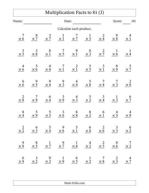 The Multiplication Facts to 81 (81 Questions) (No Zeros) (J) Math Worksheet