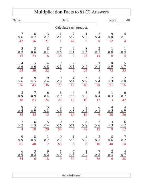 The Multiplication Facts to 81 (81 Questions) (No Zeros) (J) Math Worksheet Page 2