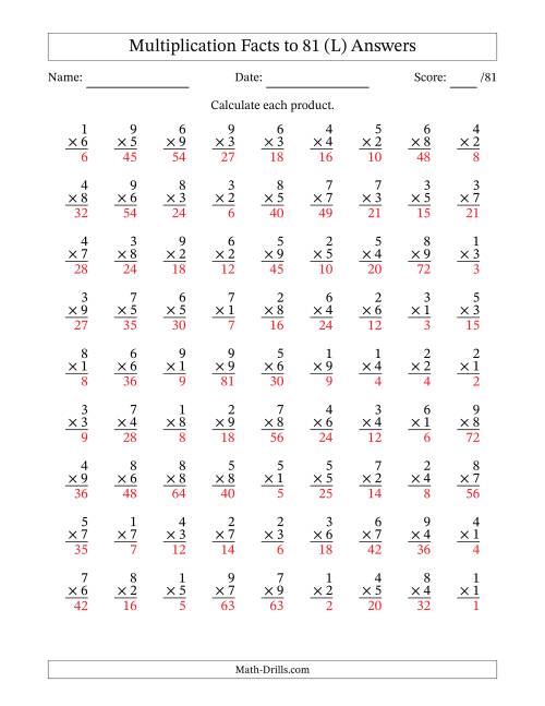 The Multiplication Facts to 81 (81 Questions) (No Zeros) (L) Math Worksheet Page 2