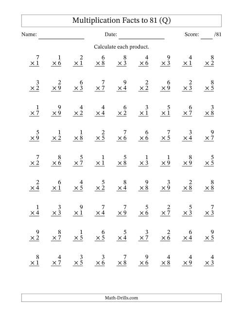 The Multiplication Facts to 81 (81 Questions) (No Zeros) (Q) Math Worksheet