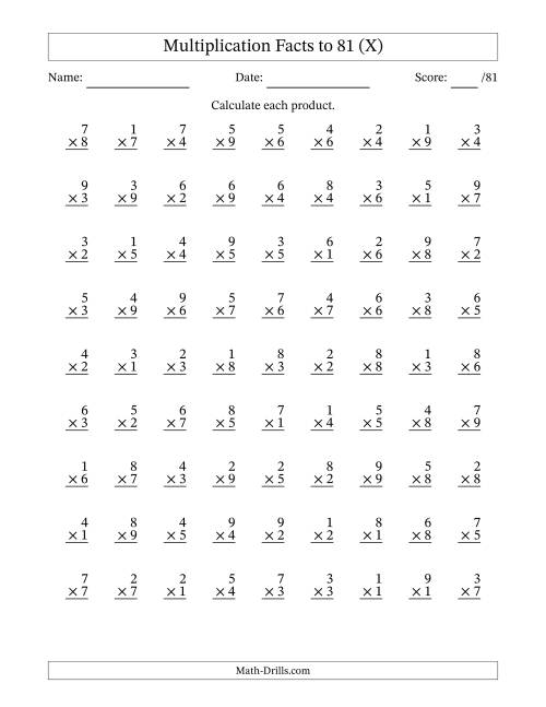 The Multiplication Facts to 81 (81 Questions) (No Zeros) (X) Math Worksheet