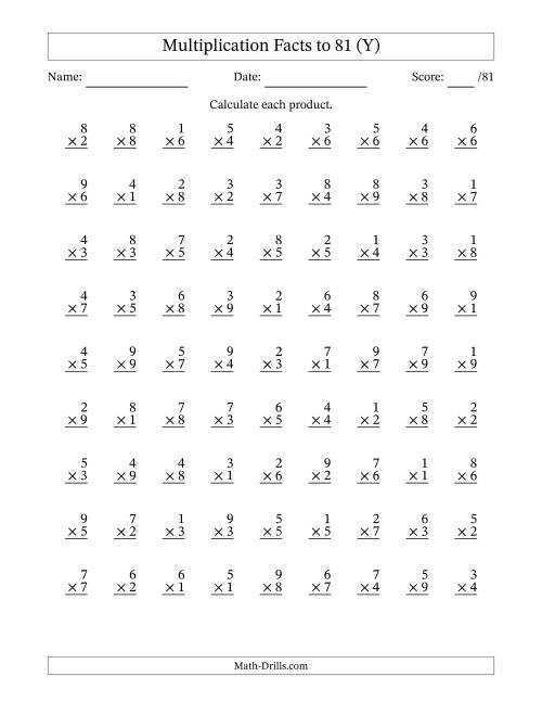 The Multiplication Facts to 81 (81 Questions) (No Zeros) (Y) Math Worksheet