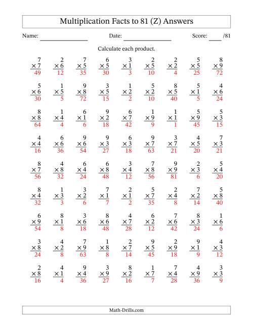 The Multiplication Facts to 81 (81 Questions) (No Zeros) (Z) Math Worksheet Page 2