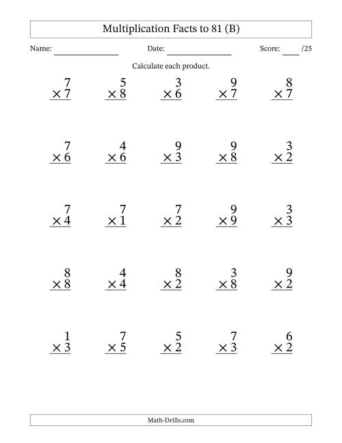 The Multiplication Facts to 81 (25 Questions) (No Zeros) (B) Math Worksheet