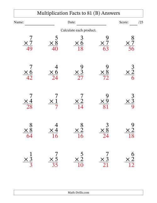 The Multiplication Facts to 81 (25 Questions) (No Zeros) (B) Math Worksheet Page 2