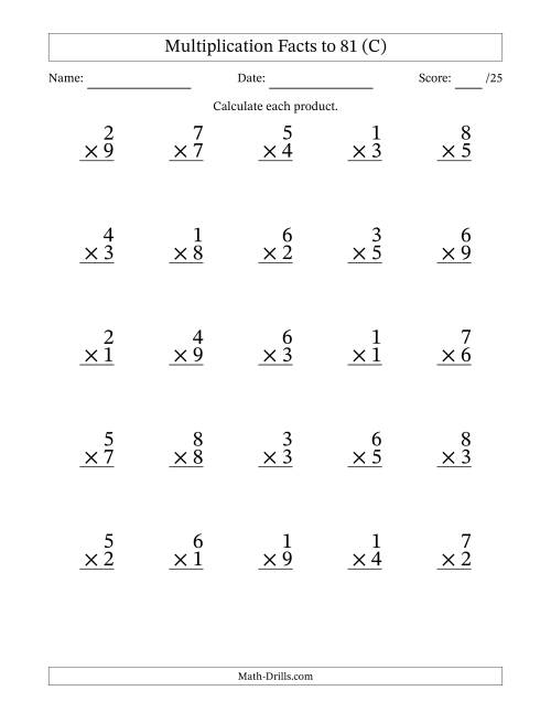 The Multiplication Facts to 81 (25 Questions) (No Zeros) (C) Math Worksheet