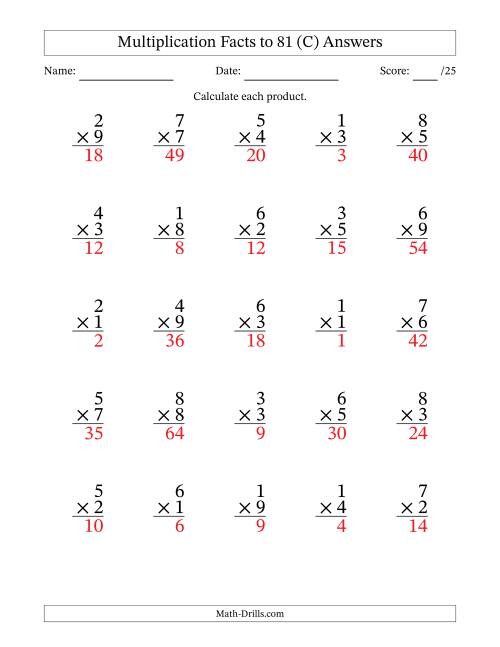 The Multiplication Facts to 81 (25 Questions) (No Zeros) (C) Math Worksheet Page 2