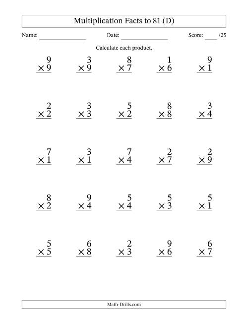 The Multiplication Facts to 81 (25 Questions) (No Zeros) (D) Math Worksheet