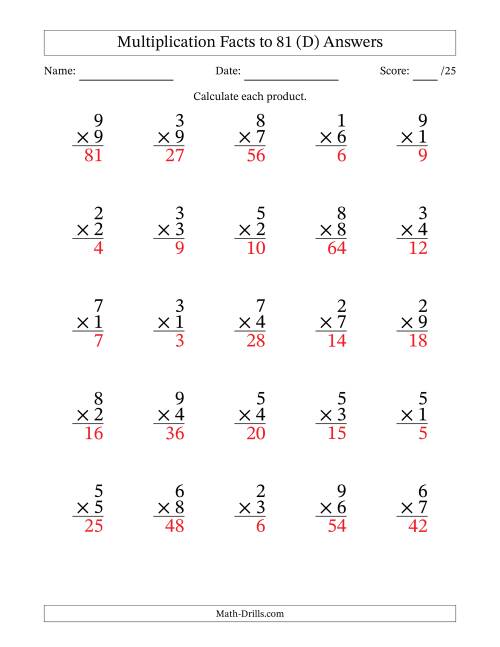 The Multiplication Facts to 81 (25 Questions) (No Zeros) (D) Math Worksheet Page 2
