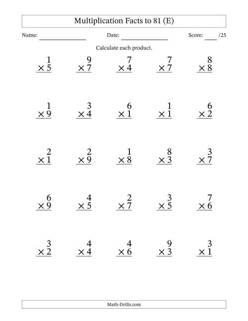 The Multiplication Facts to 81 (25 Questions) (No Zeros) (E) Math Worksheet