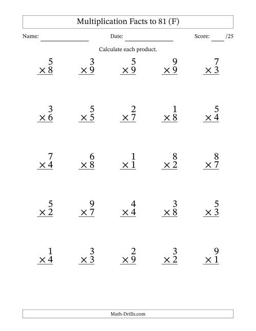 The Multiplication Facts to 81 (25 Questions) (No Zeros) (F) Math Worksheet