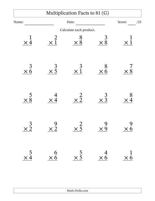 The Multiplication Facts to 81 (25 Questions) (No Zeros) (G) Math Worksheet