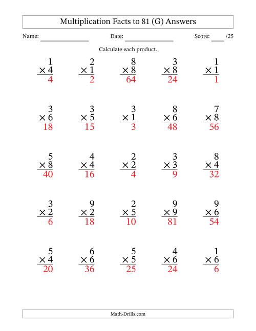 The Multiplication Facts to 81 (25 Questions) (No Zeros) (G) Math Worksheet Page 2