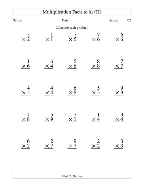 The Multiplication Facts to 81 (25 Questions) (No Zeros) (H) Math Worksheet