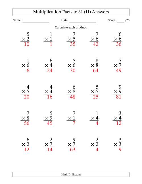 The Multiplication Facts to 81 (25 Questions) (No Zeros) (H) Math Worksheet Page 2