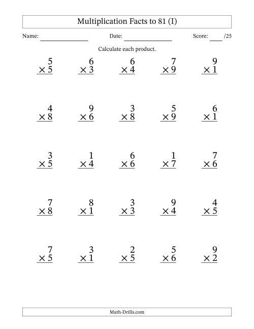 The Multiplication Facts to 81 (25 Questions) (No Zeros) (I) Math Worksheet