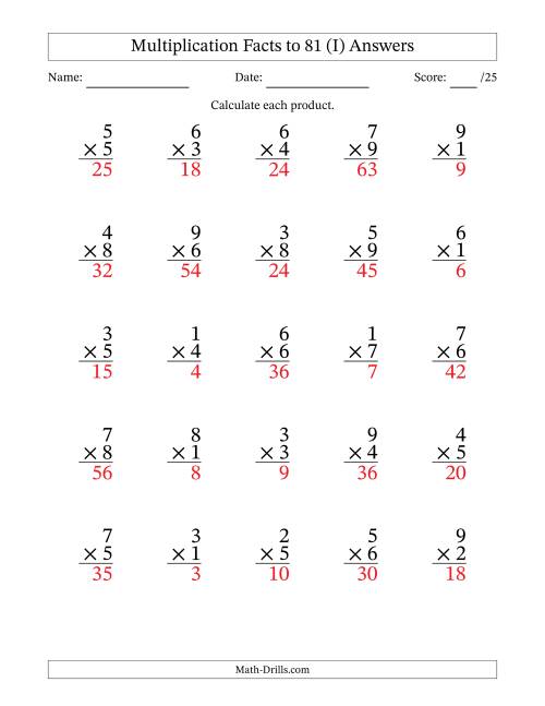The Multiplication Facts to 81 (25 Questions) (No Zeros) (I) Math Worksheet Page 2