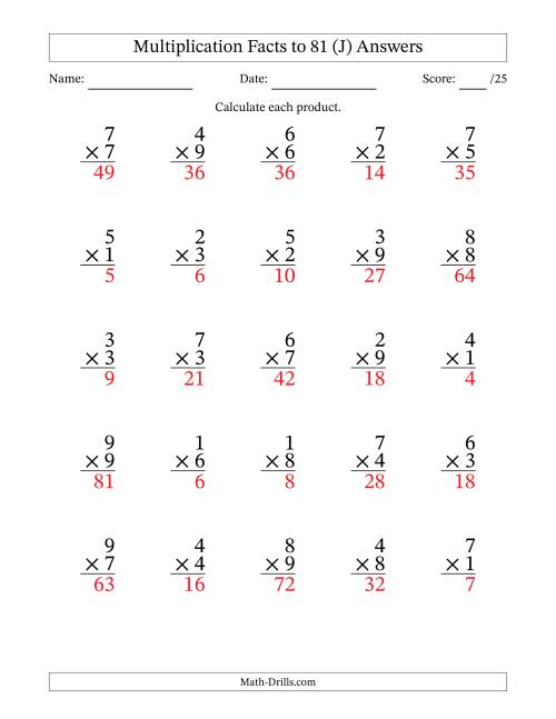 The Multiplication Facts to 81 (25 Questions) (No Zeros) (J) Math Worksheet Page 2
