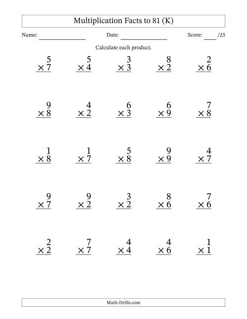 The Multiplication Facts to 81 (25 Questions) (No Zeros) (K) Math Worksheet