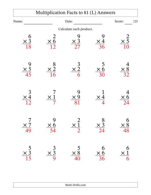 The Multiplication Facts to 81 (25 Questions) (No Zeros) (L) Math Worksheet Page 2