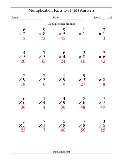 The Multiplication Facts to 81 (25 Questions) (No Zeros) (M) Math Worksheet Page 2