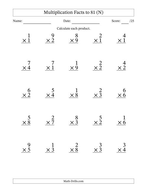 The Multiplication Facts to 81 (25 Questions) (No Zeros) (N) Math Worksheet