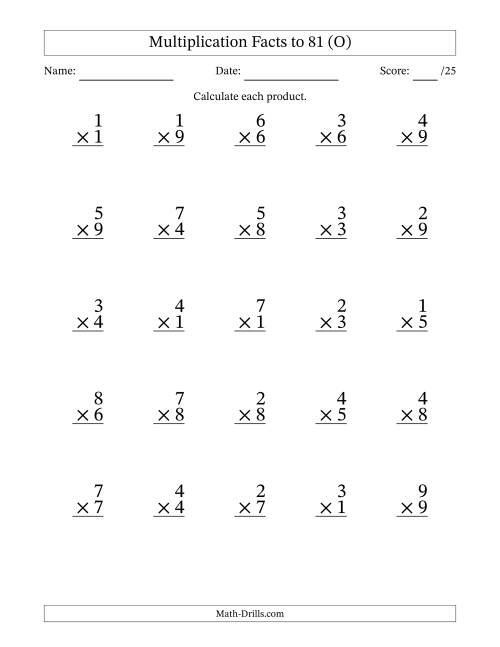 The Multiplication Facts to 81 (25 Questions) (No Zeros) (O) Math Worksheet