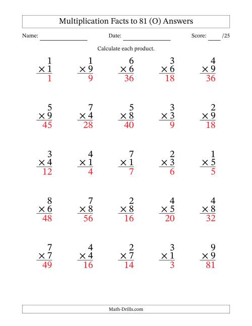 The Multiplication Facts to 81 (25 Questions) (No Zeros) (O) Math Worksheet Page 2