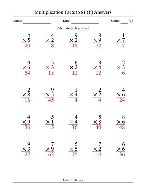 The Multiplication Facts to 81 (25 Questions) (No Zeros) (P) Math Worksheet Page 2