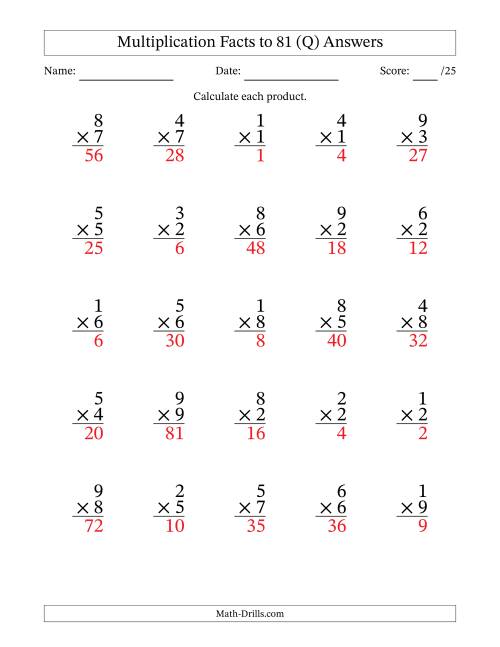 The Multiplication Facts to 81 (25 Questions) (No Zeros) (Q) Math Worksheet Page 2
