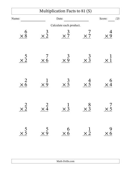 The Multiplication Facts to 81 (25 Questions) (No Zeros) (S) Math Worksheet