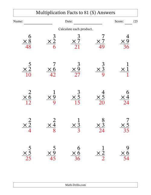 The Multiplication Facts to 81 (25 Questions) (No Zeros) (S) Math Worksheet Page 2