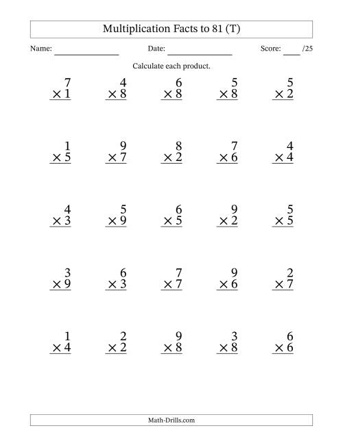 The Multiplication Facts to 81 (25 Questions) (No Zeros) (T) Math Worksheet