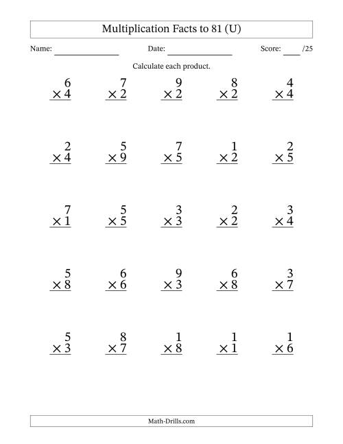 The Multiplication Facts to 81 (25 Questions) (No Zeros) (U) Math Worksheet