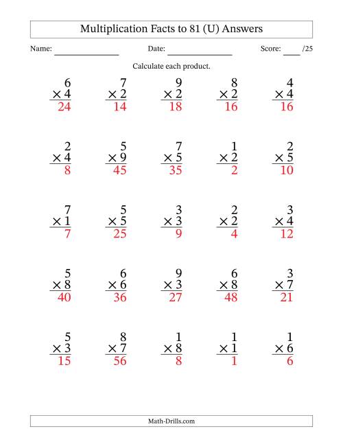 The Multiplication Facts to 81 (25 Questions) (No Zeros) (U) Math Worksheet Page 2