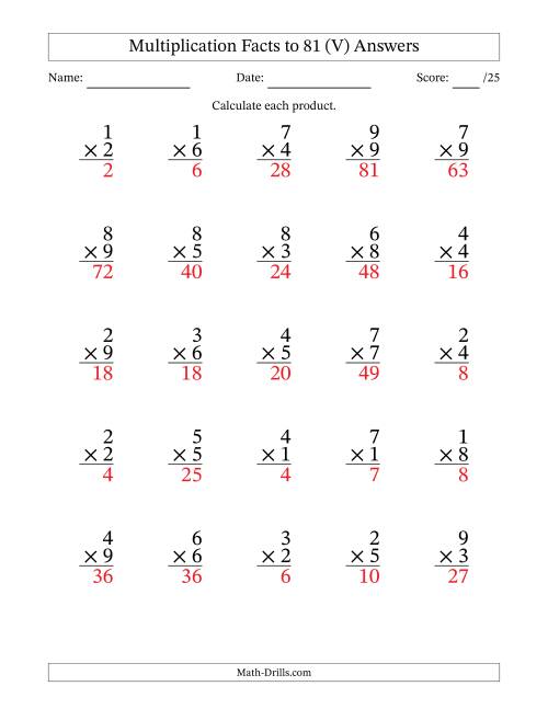 The Multiplication Facts to 81 (25 Questions) (No Zeros) (V) Math Worksheet Page 2