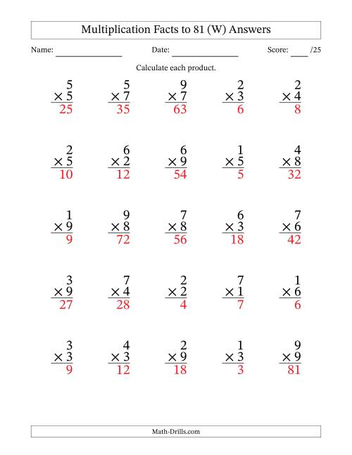 The Multiplication Facts to 81 (25 Questions) (No Zeros) (W) Math Worksheet Page 2
