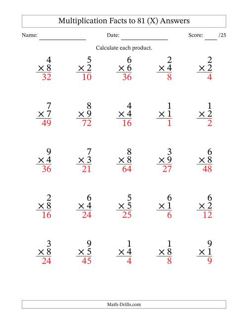 The Multiplication Facts to 81 (25 Questions) (No Zeros) (X) Math Worksheet Page 2