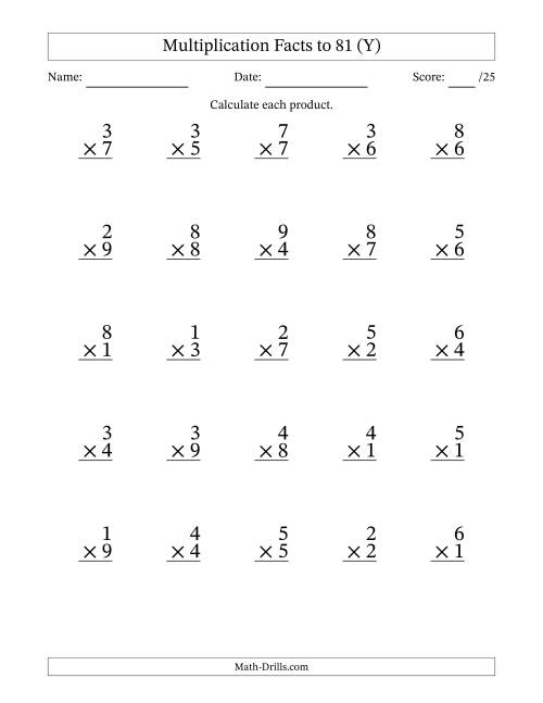 The Multiplication Facts to 81 (25 Questions) (No Zeros) (Y) Math Worksheet