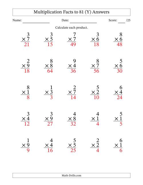 The Multiplication Facts to 81 (25 Questions) (No Zeros) (Y) Math Worksheet Page 2