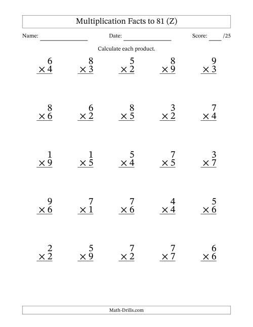 The Multiplication Facts to 81 (25 Questions) (No Zeros) (Z) Math Worksheet
