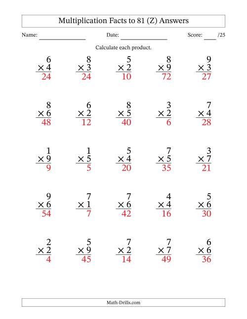 The Multiplication Facts to 81 (25 Questions) (No Zeros) (Z) Math Worksheet Page 2
