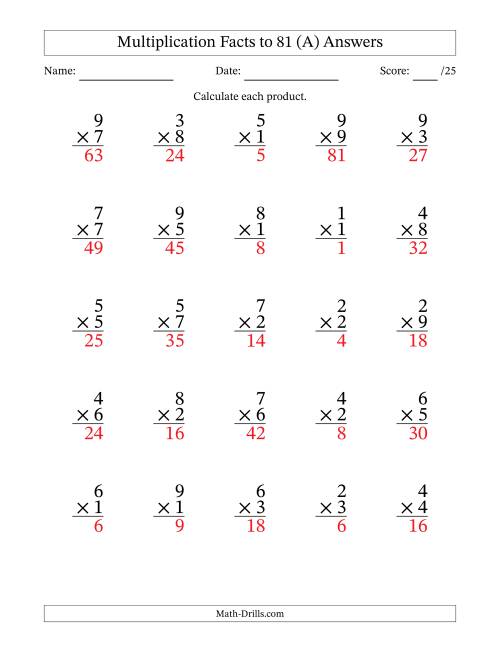 The Multiplication Facts to 81 (25 Questions) (No Zeros) (All) Math Worksheet Page 2