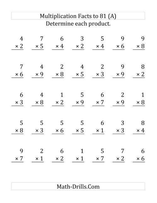 The Multiplication Facts to 81 (35 questions per page) (Old) Math Worksheet