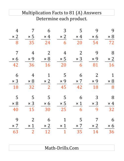 The Multiplication Facts to 81 (35 questions per page) (Old) Math Worksheet Page 2