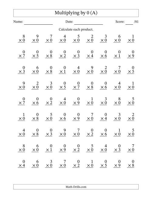The Multiplying (1 to 9) by 0 (81 Questions) (A) Math Worksheet