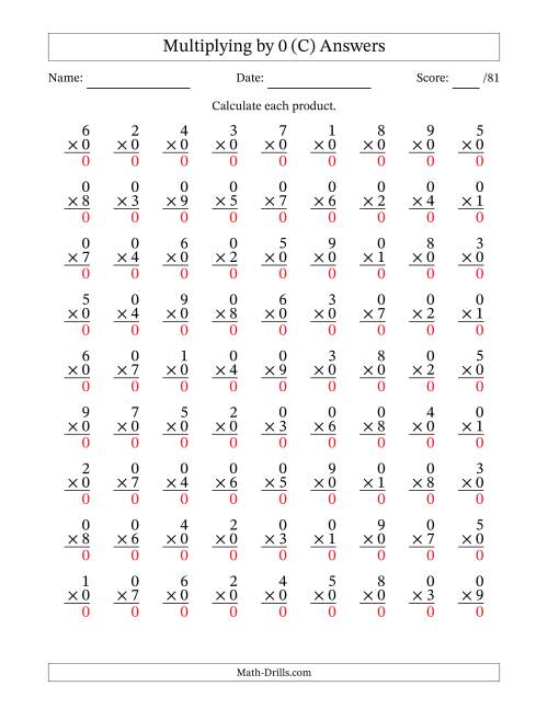 The Multiplying (1 to 9) by 0 (81 Questions) (C) Math Worksheet Page 2